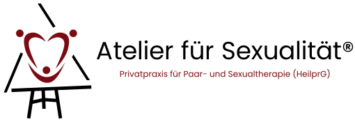 Das Logo zeigt den Schriftzug "Atelier für Sexualität - Privatpraxis für Paar- und Sexualtherapie (HeilprG) und daneben eine Staffelei, die die Triangulierung zwischen einem Paar* und der Therapeutin, in der Draufsicht abbildet.