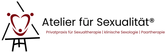 Das Logo zeigt den Schriftzug "Atelier für Sexualität - Privatpraxis für Paar- und Sexualtherapie (HeilprG) und daneben eine Staffelei, die die Triangulierung zwischen einem Paar* und der Therapeutin, in der Draufsicht abbildet.